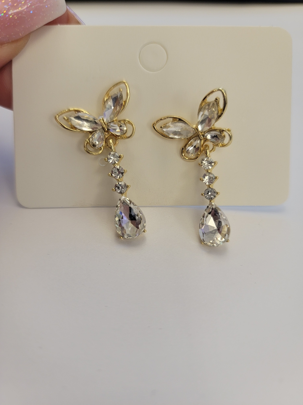 Gold Crystal Butterfly Drop Earrings - Clear
